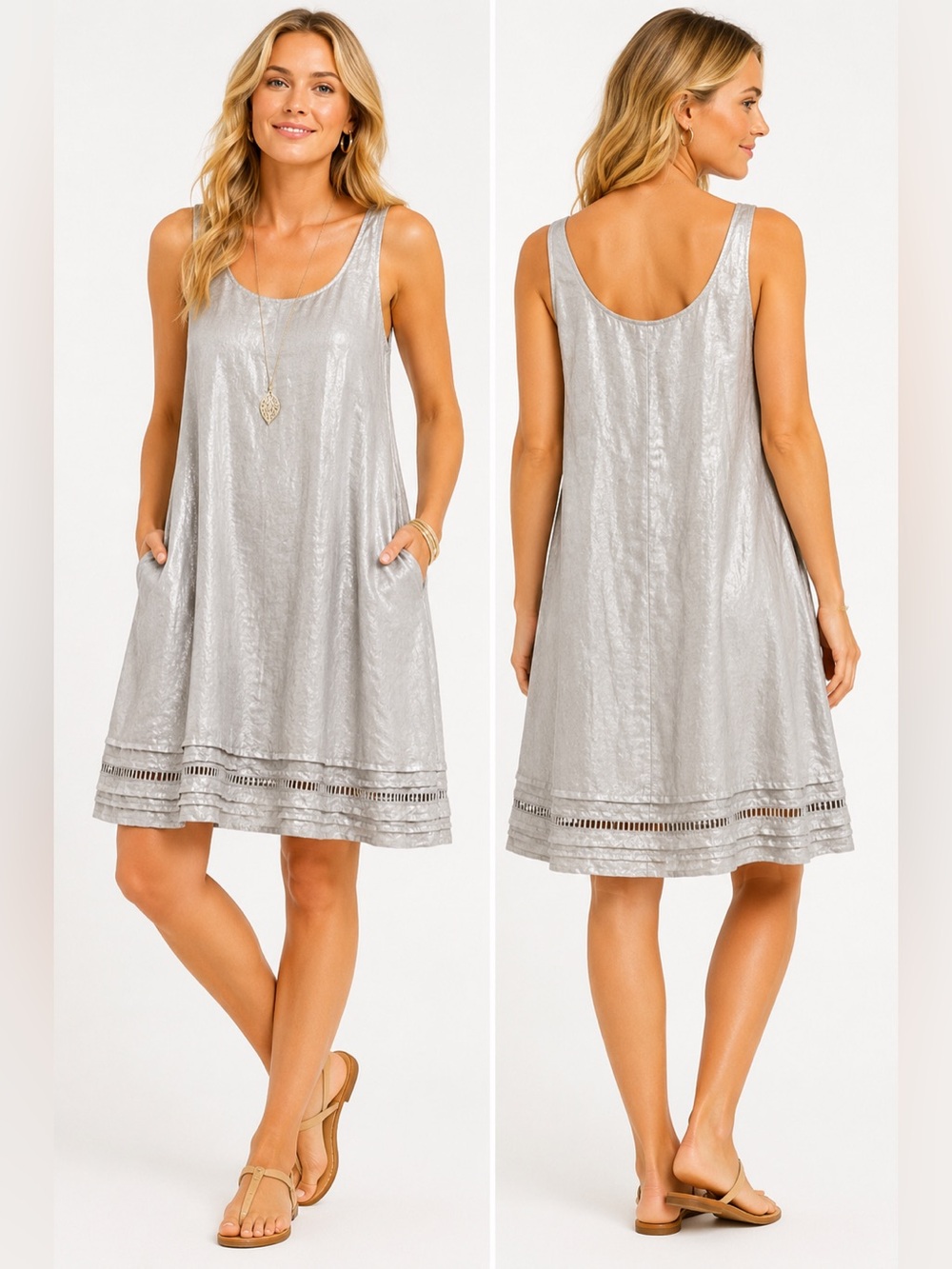 C&C California 100% Linen Silver Metallic Tank Dress Pockets Size M